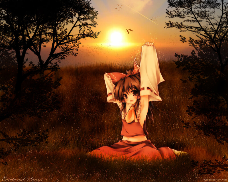 Anime Girl in Field — Orange, Serene, Sunset, Digital Art, Grass