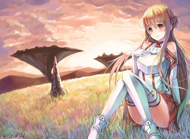 Anime Girl in Field — Orange, Serene, Sunset, Digital Art, Sky