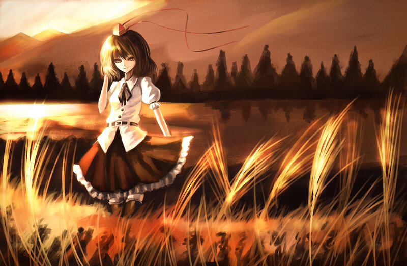 Anime Girl in Field — Orange, Serene, Sunset, Digital Art