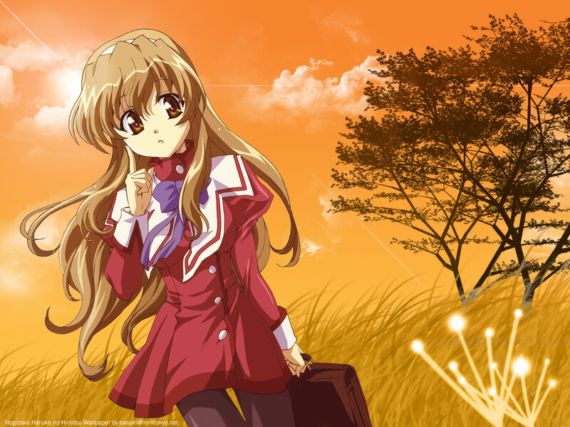 Anime Girl in Field — Orange, Serene, Sunset, Tree