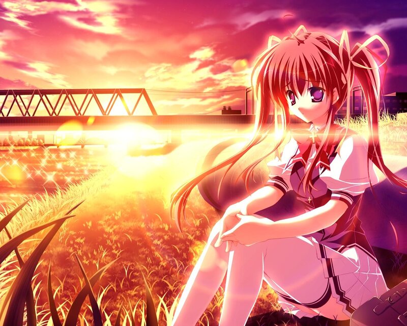Anime Girl in Field — Pink, Dramatic, Sunset