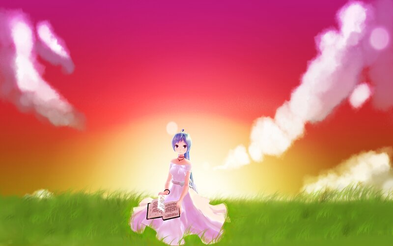 Anime Girl in Field — Pink, Serene, Sunset, Digital Art