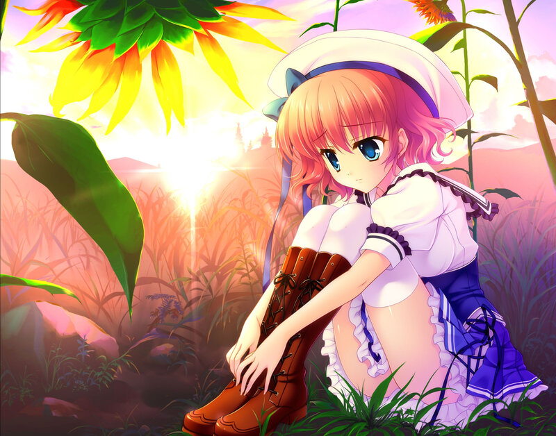 Anime Girl in Field — Pink, Serene, Sunset, Sunflower