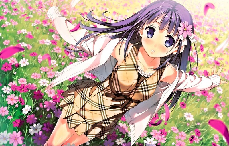 Anime Girl in Field — Purple, Cheerful, Spring, Flowers, Plaid Dress