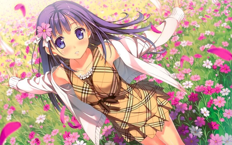 Anime Girl in Field — Purple, Cheerful, Spring