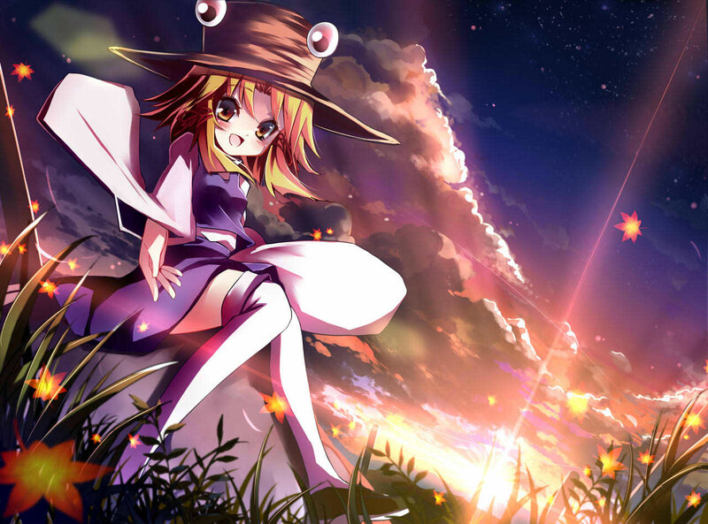 Anime Girl in Field — Purple, Dramatic, Night, Hat