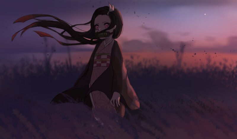 Anime Girl in Field — Purple, Dramatic, Sunset, Digital Art, Kimono