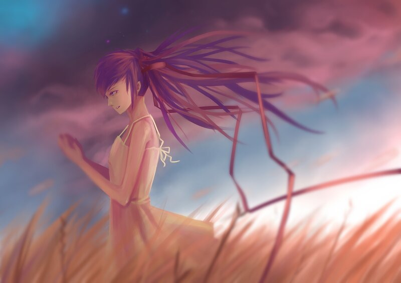 Anime Girl in Field — Purple, Dramatic, Sunset