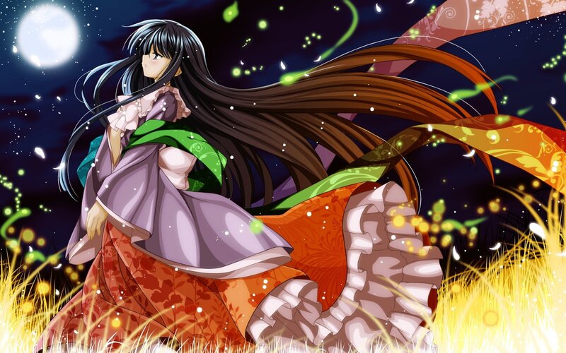 Anime Girl in Field — Purple, Serene, Night, Moon, Fireflies