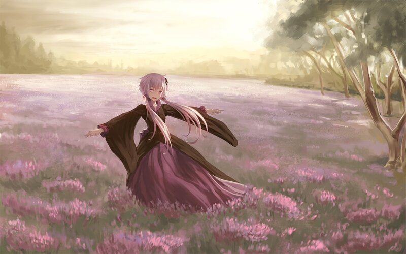 Anime Girl in Field — Purple, Serene, Sunset, Digital Art, Flowers