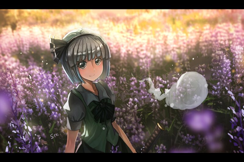 Anime Girl in Field — Purple, Serene, Sunset, Digital Art