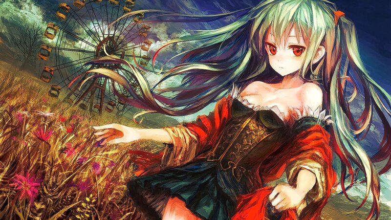 Anime Girl in Field — Red, Dramatic, Night, Digital Art