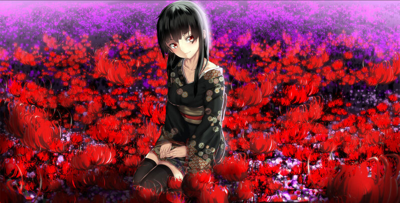 Anime Girl in Field — Red, Dramatic, Night