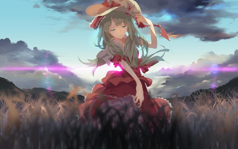 Anime Girl in Field — Red, Dramatic, Sunset