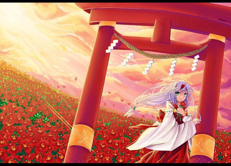Anime Girl in Field — Red, Serene