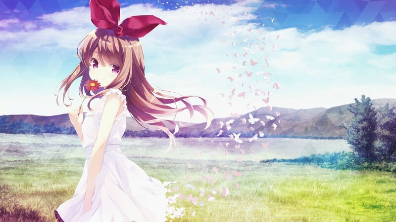 Anime Girl in Field — White, Serene, Afternoon, Butterflies
