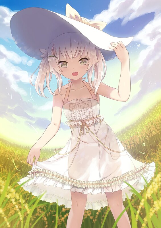 Anime Girl in Field — White, Serene, Afternoon, Digital Art, Hat
