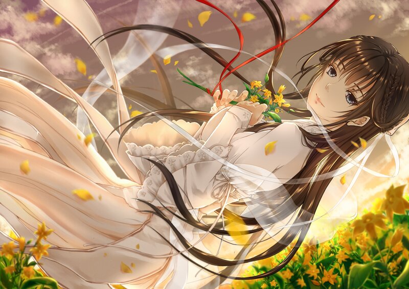 Anime Girl in Field — White, Serene, Afternoon, Flowers