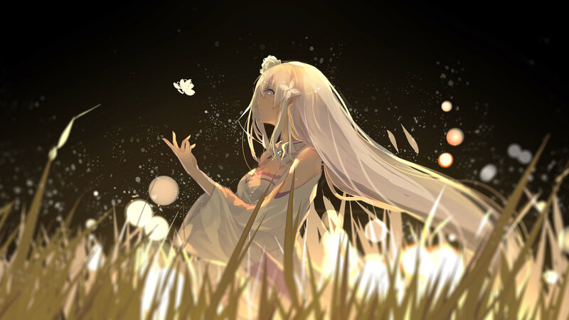 Anime Girl in Field — White, Serene, Night, Digital Art