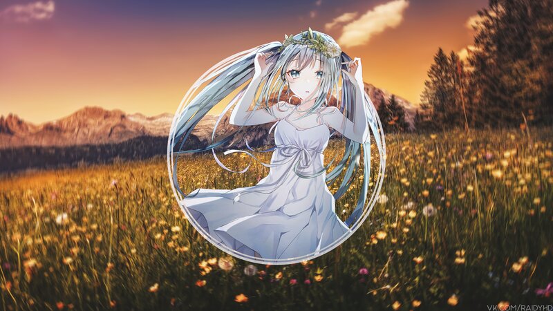 Anime Girl in Field — White, Serene, Sunset, Digital Art