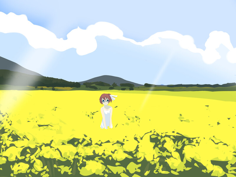 Anime Girl in Field — Yellow, Serene, Afternoon, Digital Art, Mountains