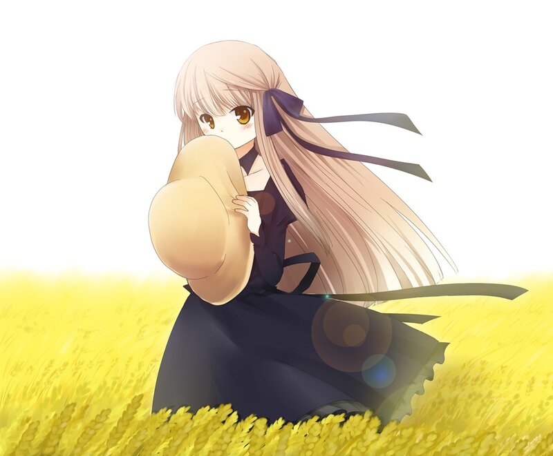Anime Girl in Field — Yellow, Serene, Afternoon, Hat