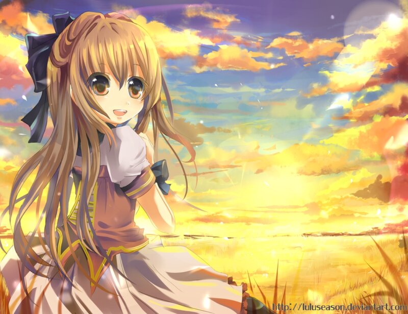 Anime Girl in Field — Yellow, Serene, Sunset, Digital Art, Sky