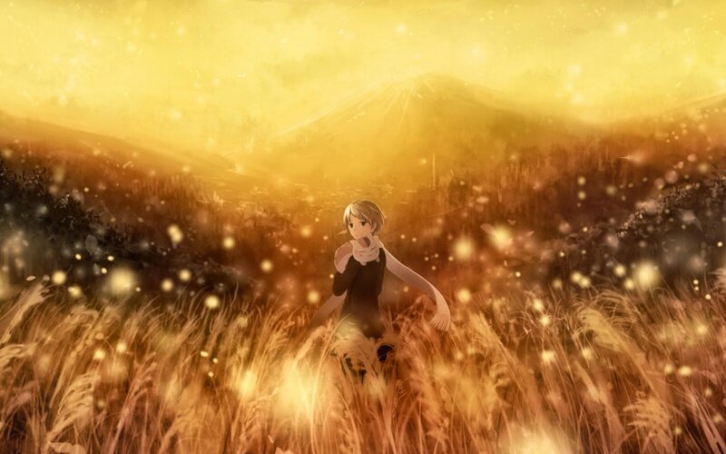 Anime Girl in Field — Yellow, Serene, Sunset, Digital Art