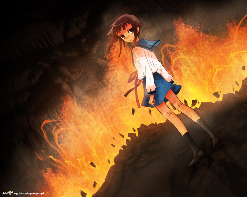 anime girl in fiery cave