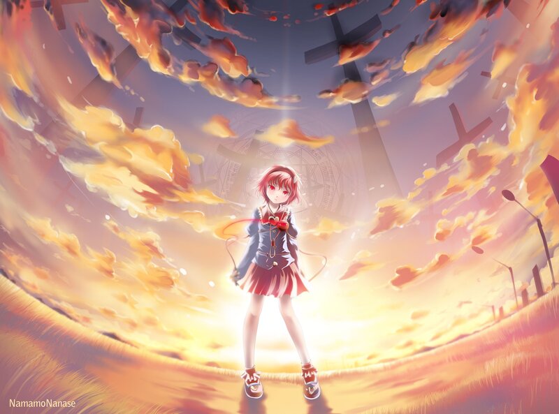 Anime girl in fiery sky