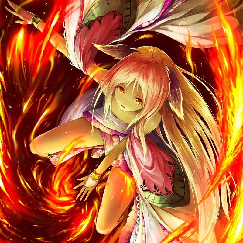 Anime Girl in Fire — Red, Dramatic, Digital Art, Spiral