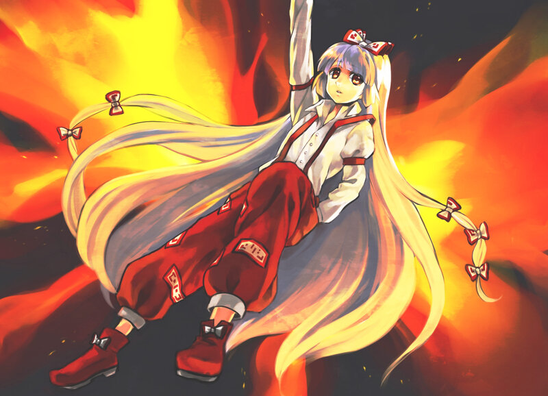 Anime Girl in Flames — Red, Dramatic, Digital Art, Long Hair