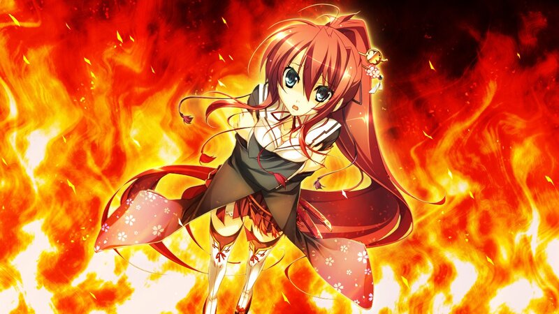 Anime Girl in Flames — Red, Dramatic, Fire, Long Hair, Blue Eyes