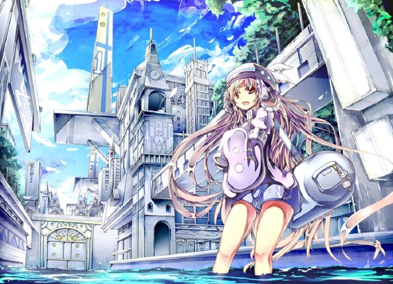 anime girl in flooded city