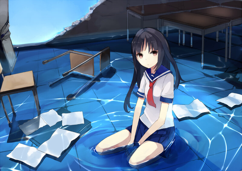 Anime Girl in Flooded Classroom — Blue