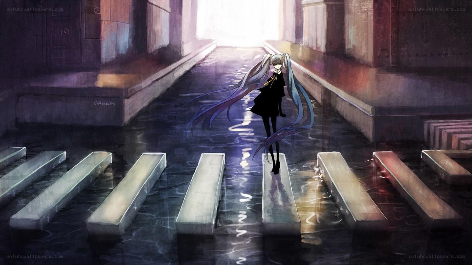 Anime girl in flooded corridor