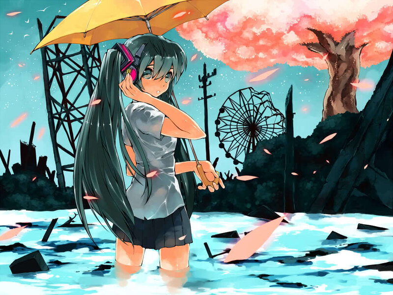 Anime girl in flooded ruins
