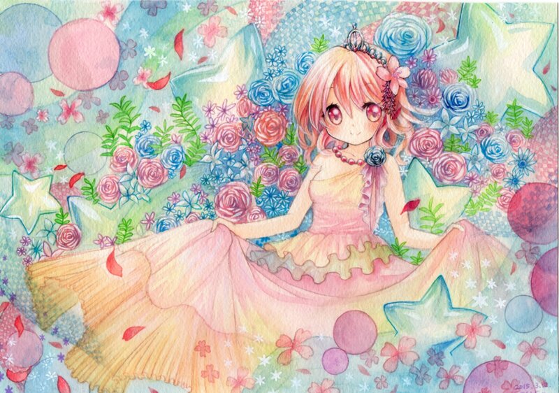 Anime Girl in Floral Dress — Pink, Dreamy