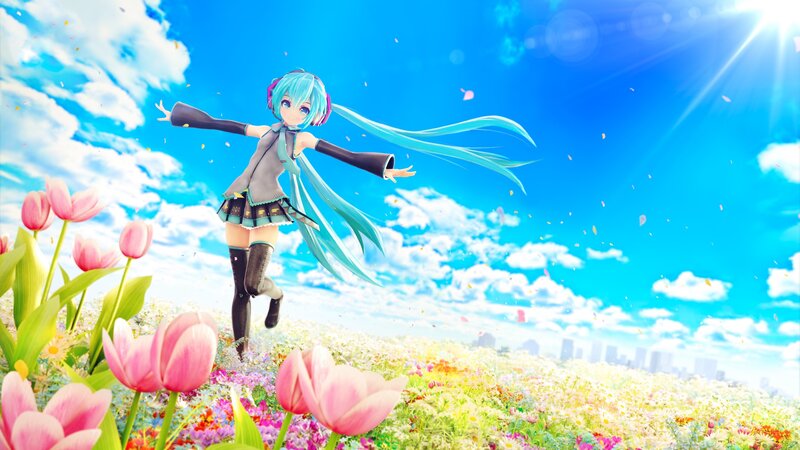Anime Girl in Flower Field — Blue, Serene, Afternoon