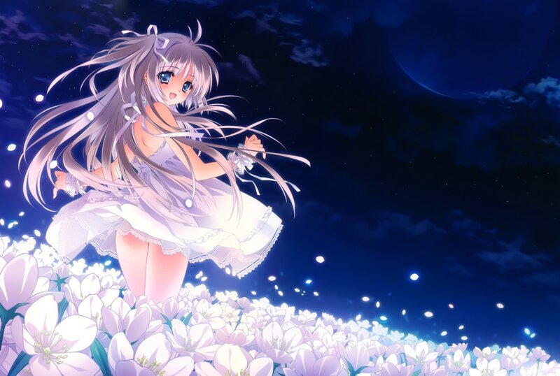 Anime Girl in Flower Field — Blue, Serene, Night