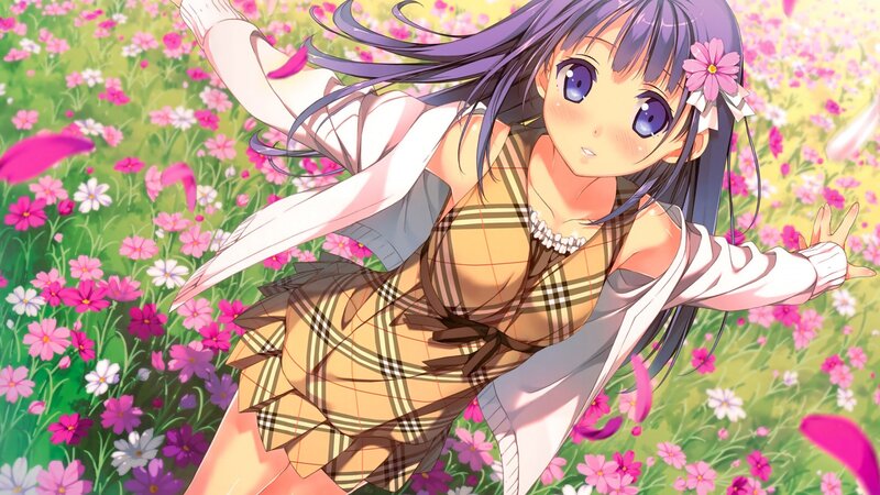 Anime Girl in Flower Field — Purple, Cheerful, Spring