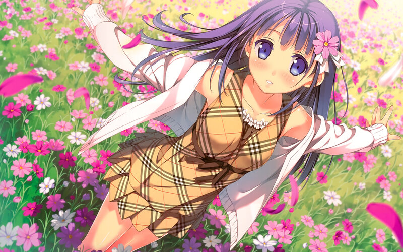 Anime Girl in Flower Field — Purple, Cheerful