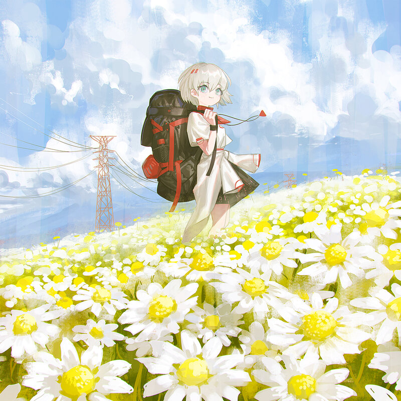 Anime Girl in Flower Field — White