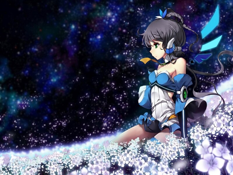 Anime Girl in Flowers — Blue, Serene, Night, Digital Art