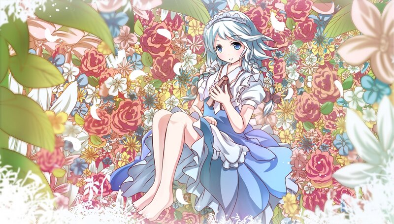 Anime Girl in Flowers — Blue, Serene, Spring