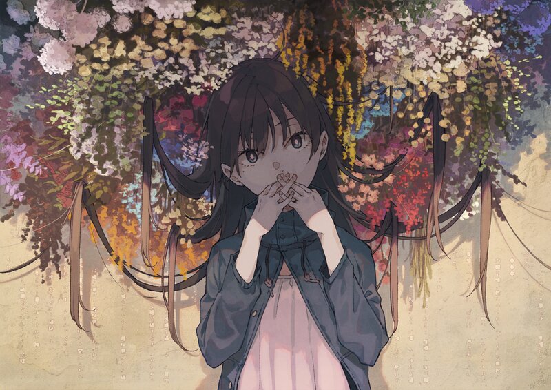 Anime Girl in Flowers — Pink, Serene, Spring, Digital Art