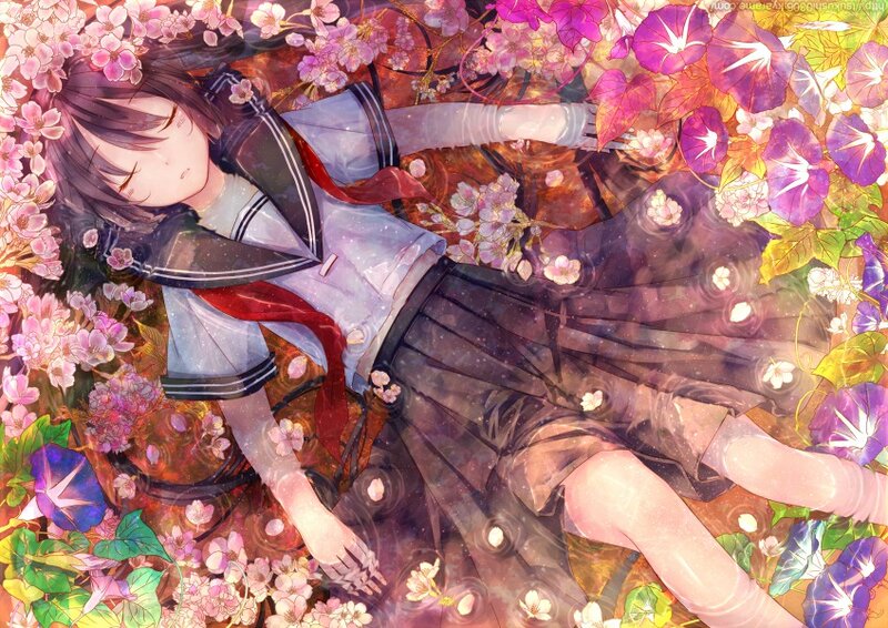 Anime Girl in Flowers — Pink