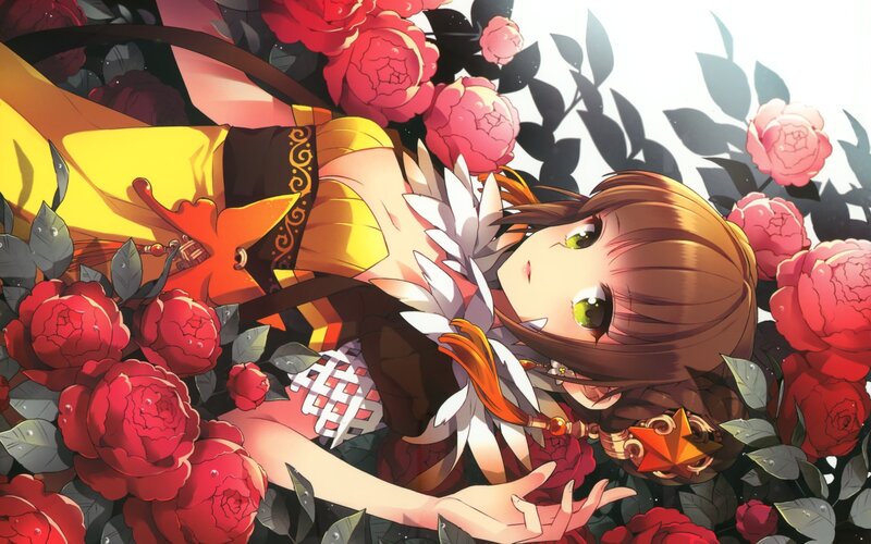 Anime Girl in Flowers — Red, Serene