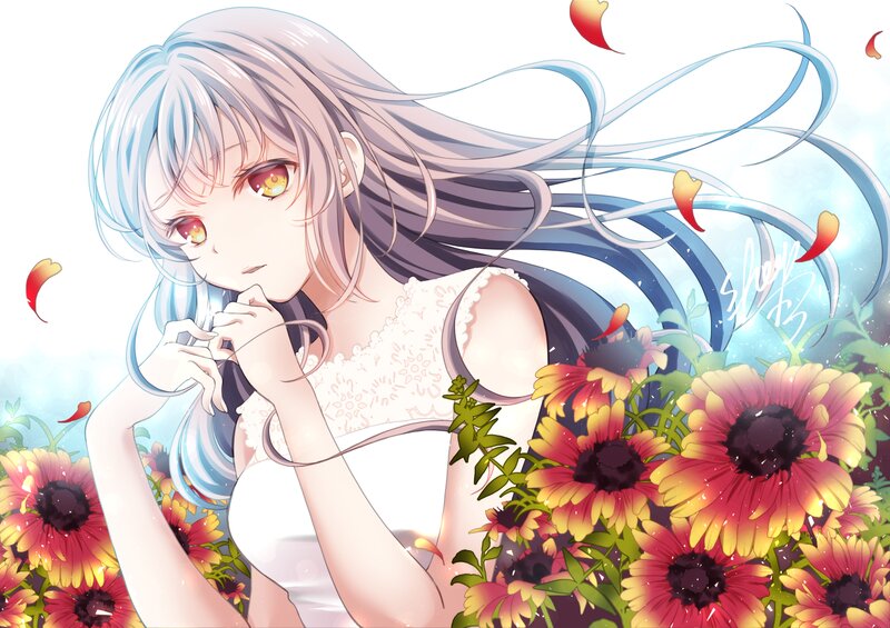 Anime Girl in Flowers — White, Serene, Afternoon