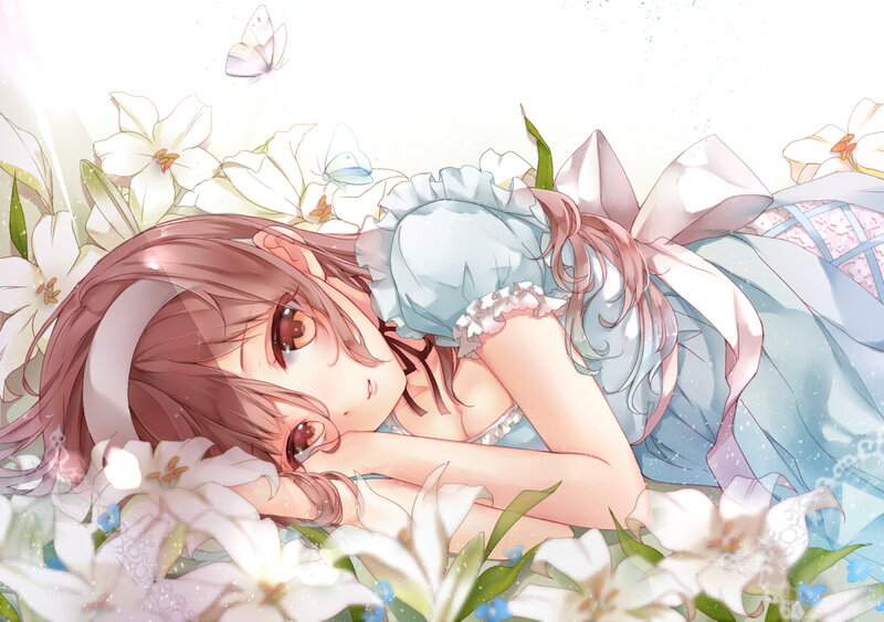 Anime Girl in Flowers — White, Serene, Spring